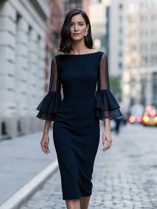 Vestido Midi Tubinho de Manga Sino em Camadas Transparente