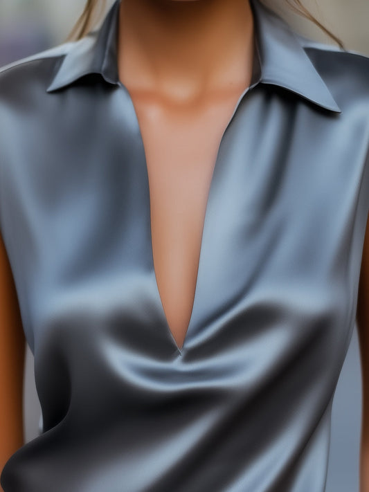 Blusa Cinza Chumbo de Cetim com Decote V Profundo