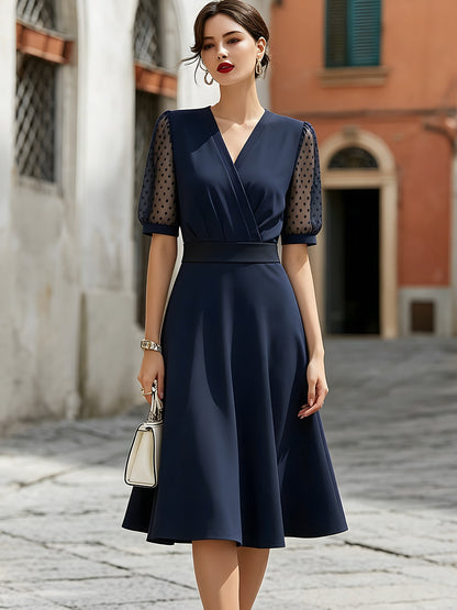 V-Neck Sheer Polka Dot Sleeve A-Line Midi Dress