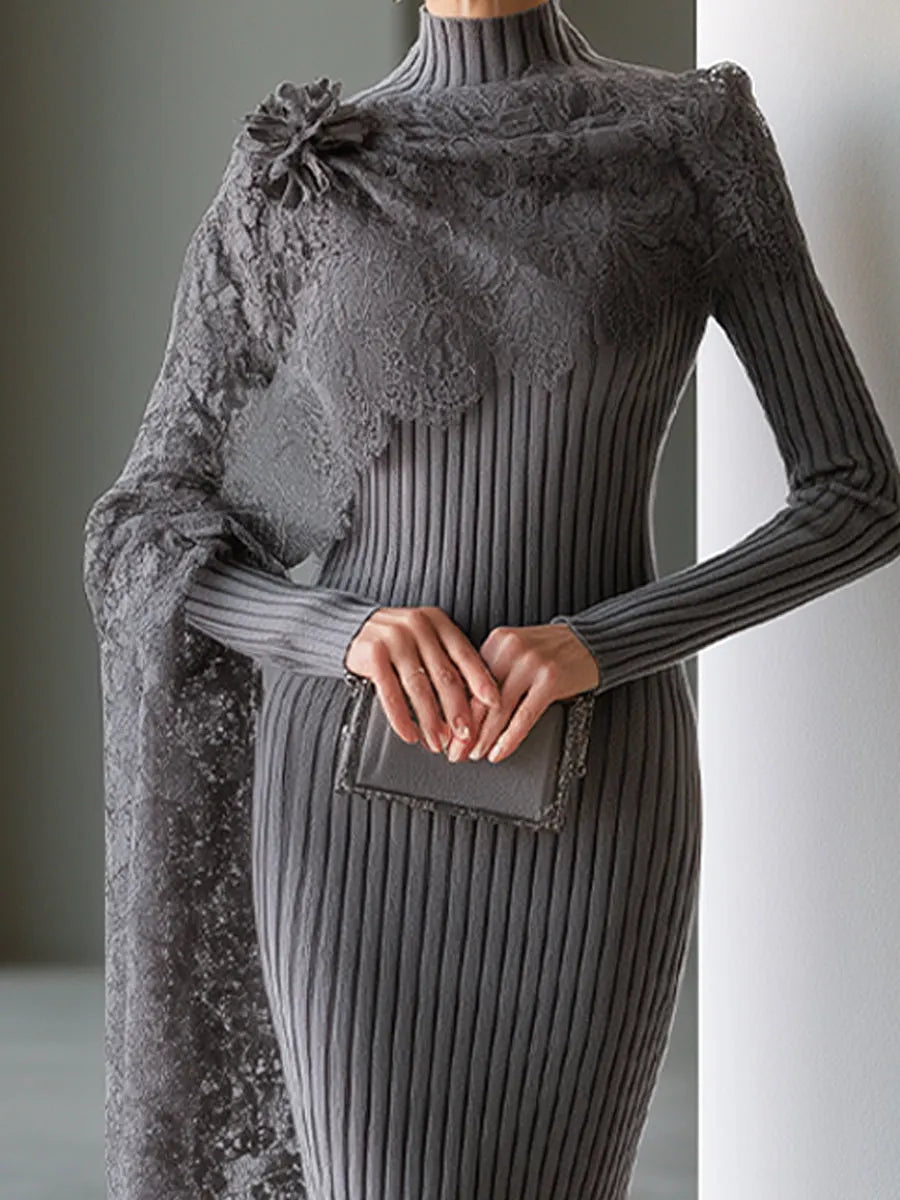 Lace-Draped Ribbed Knit Maxi Dress