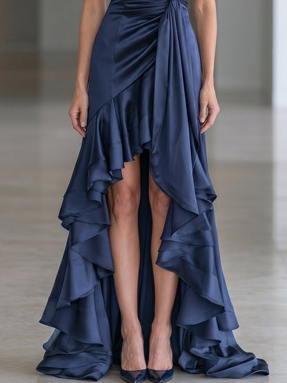 Halter Neck Ruched Satin High-Low Ruffle Gown