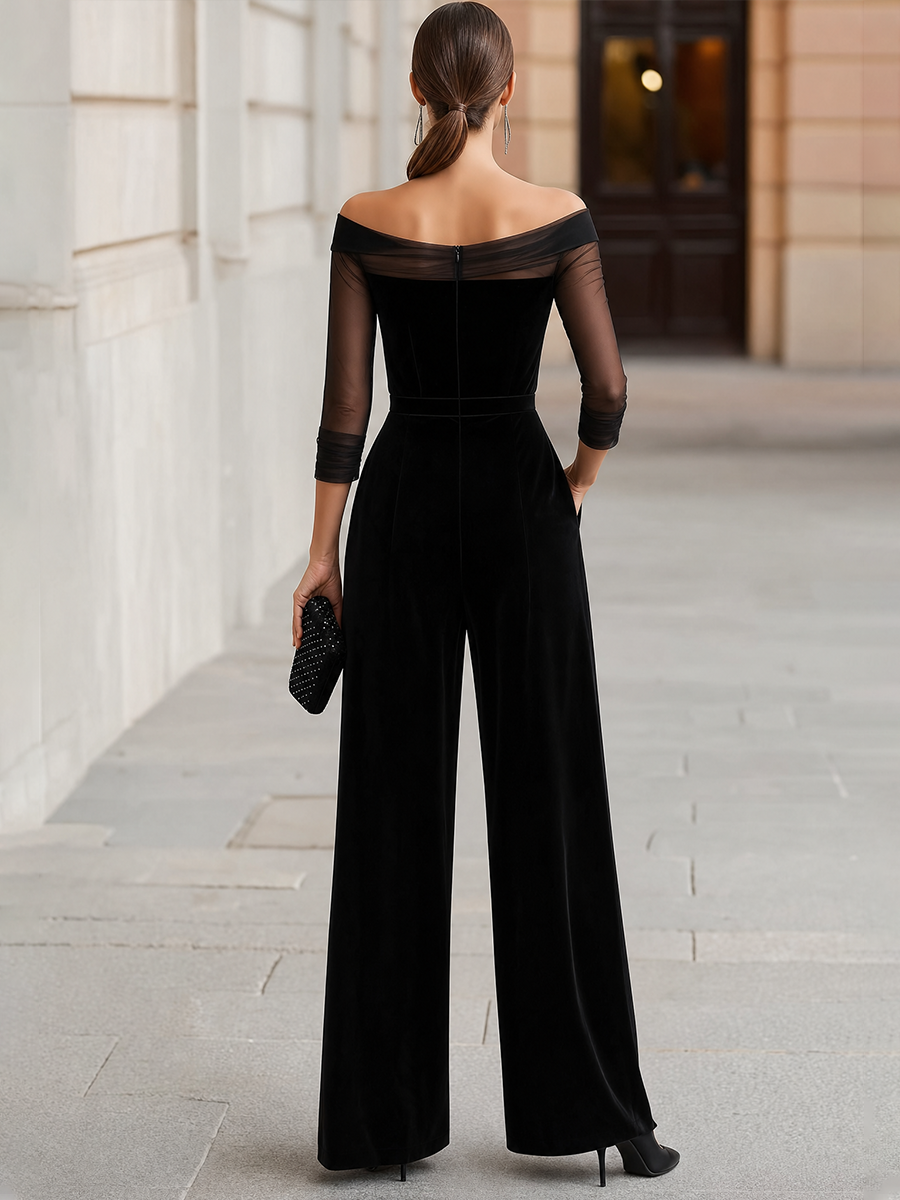 Off-Shoulder Sheer-Sleeve Wide-Leg Jumpsuit