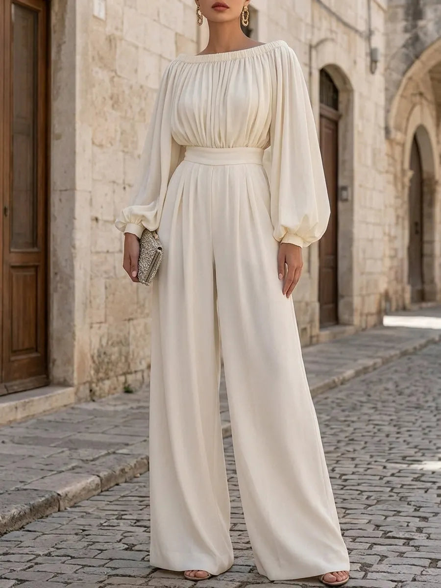 Off-Shoulder Cotton Blend Wide-Leg Jumpsuit