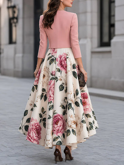 Floral Print High-Low Dress And Cropped Jacket Set