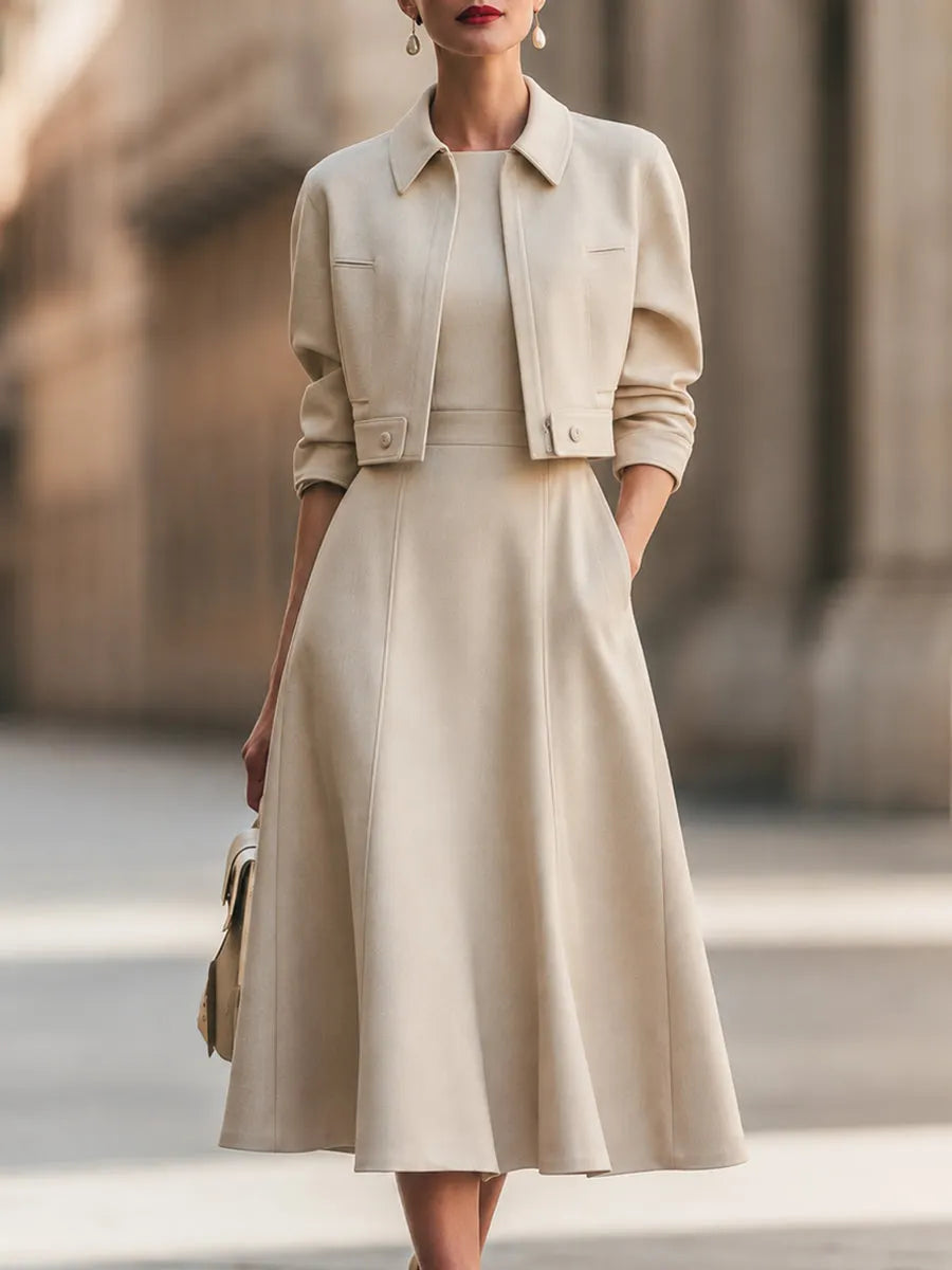 Cropped Jacket And A-Line Midi Dress Set