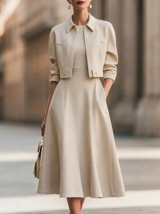 Cropped Jacket And A-Line Midi Dress Set