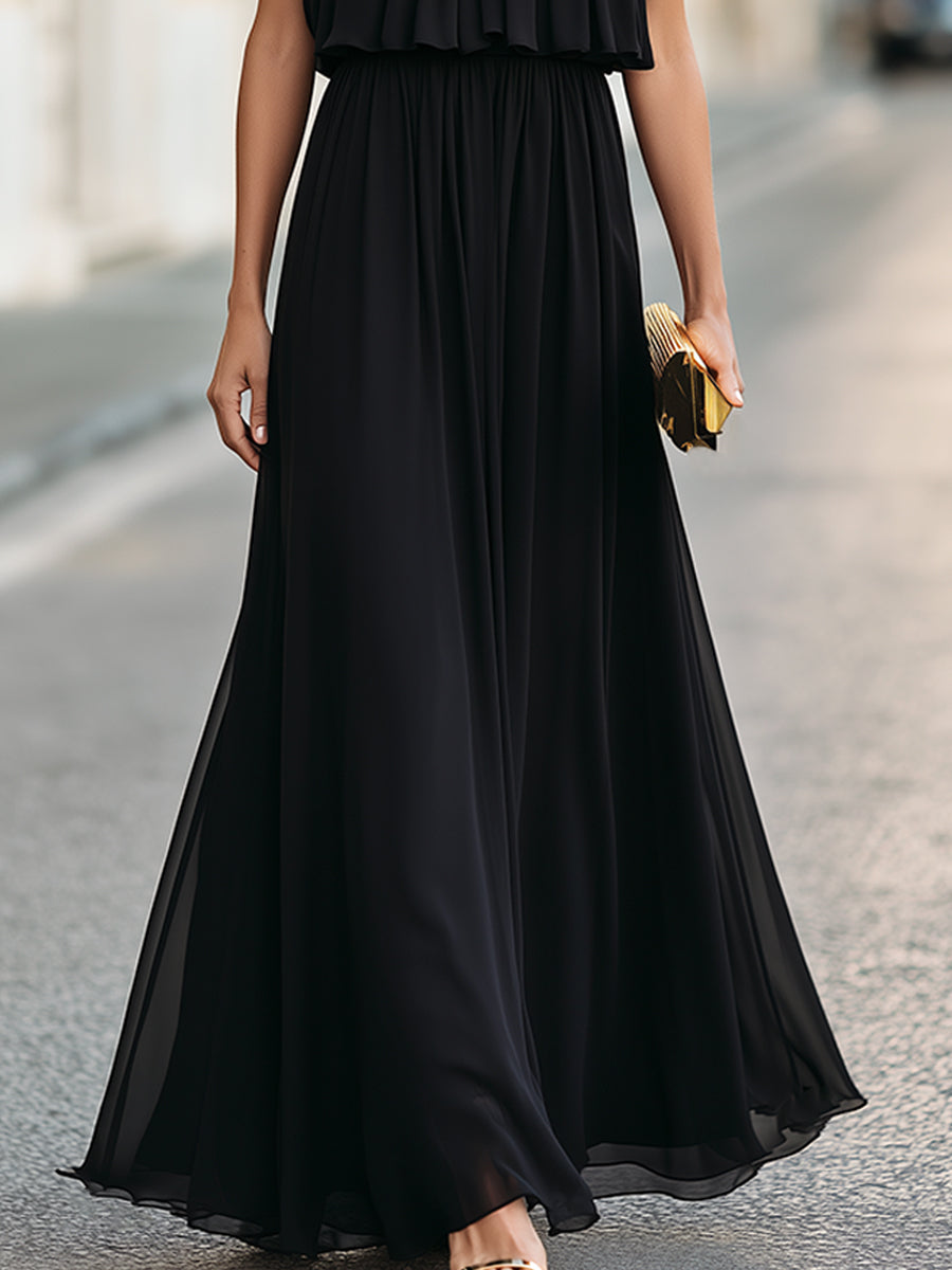 Draped Halter Neck Chiffon Maxi Evening Dress