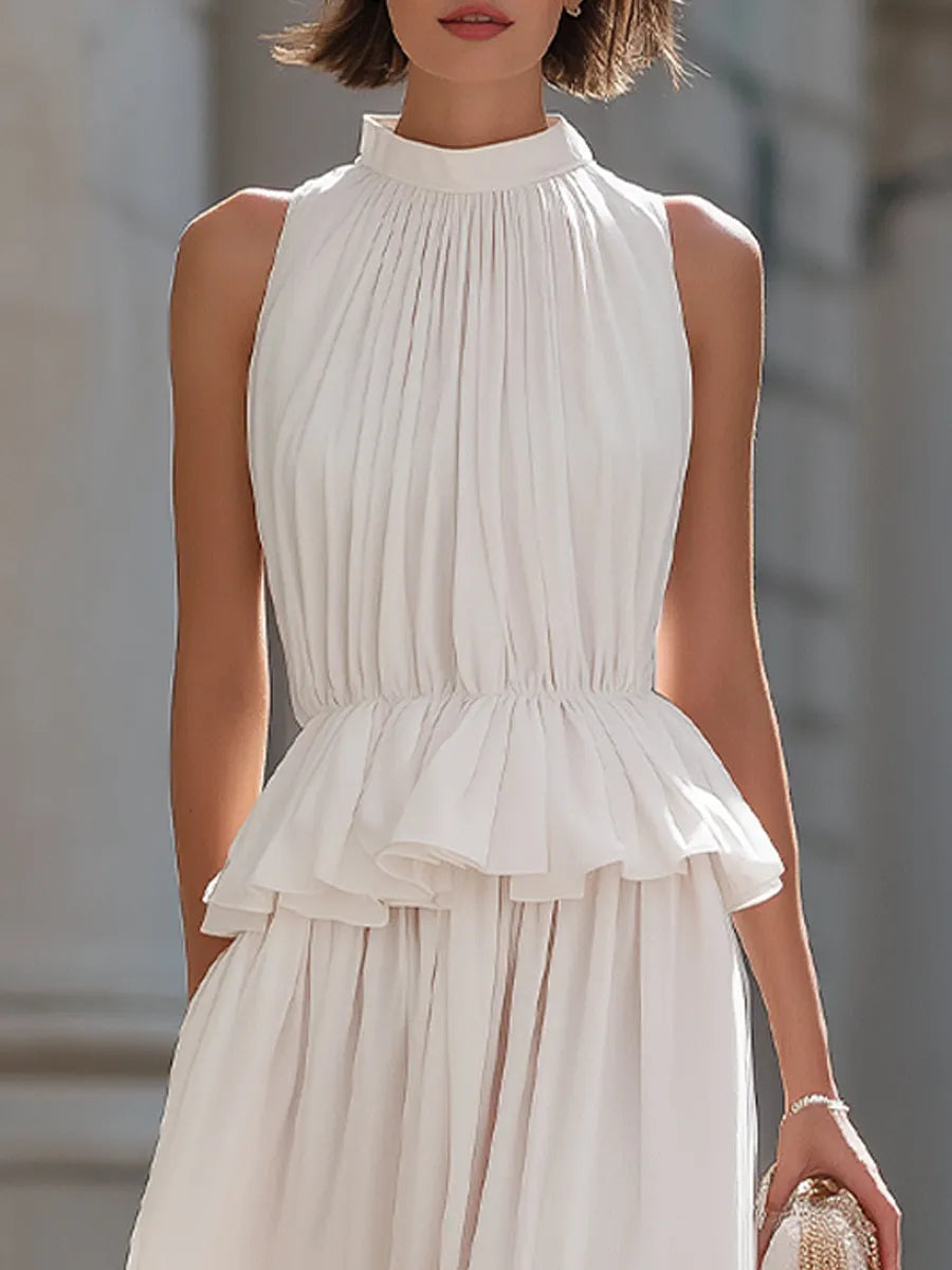 Tiered Ruffle Halter Midi Dress With Peplum Waist