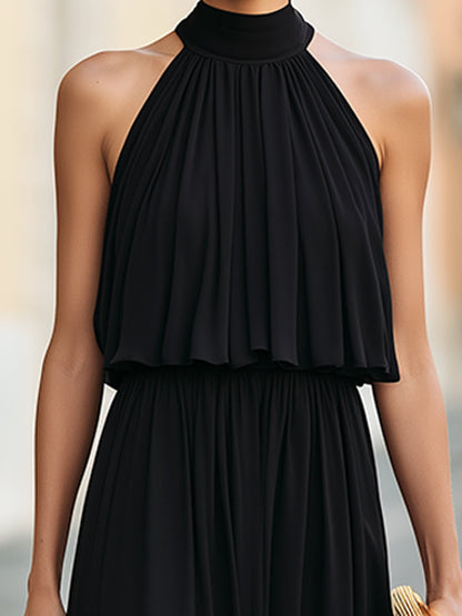 Draped Halter Neck Chiffon Maxi Evening Dress