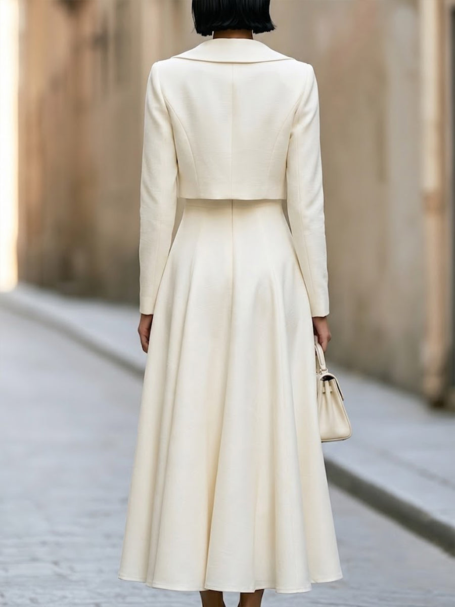 Elegant Pearl-Embellished Cropped Jacket And A-Line Dress Set