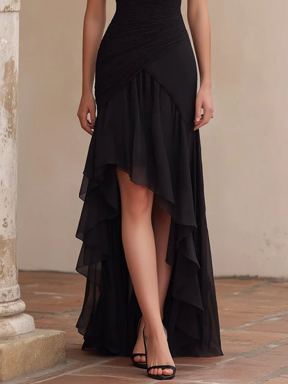 Ruched Lace-Shoulder High-Low Evening Dress