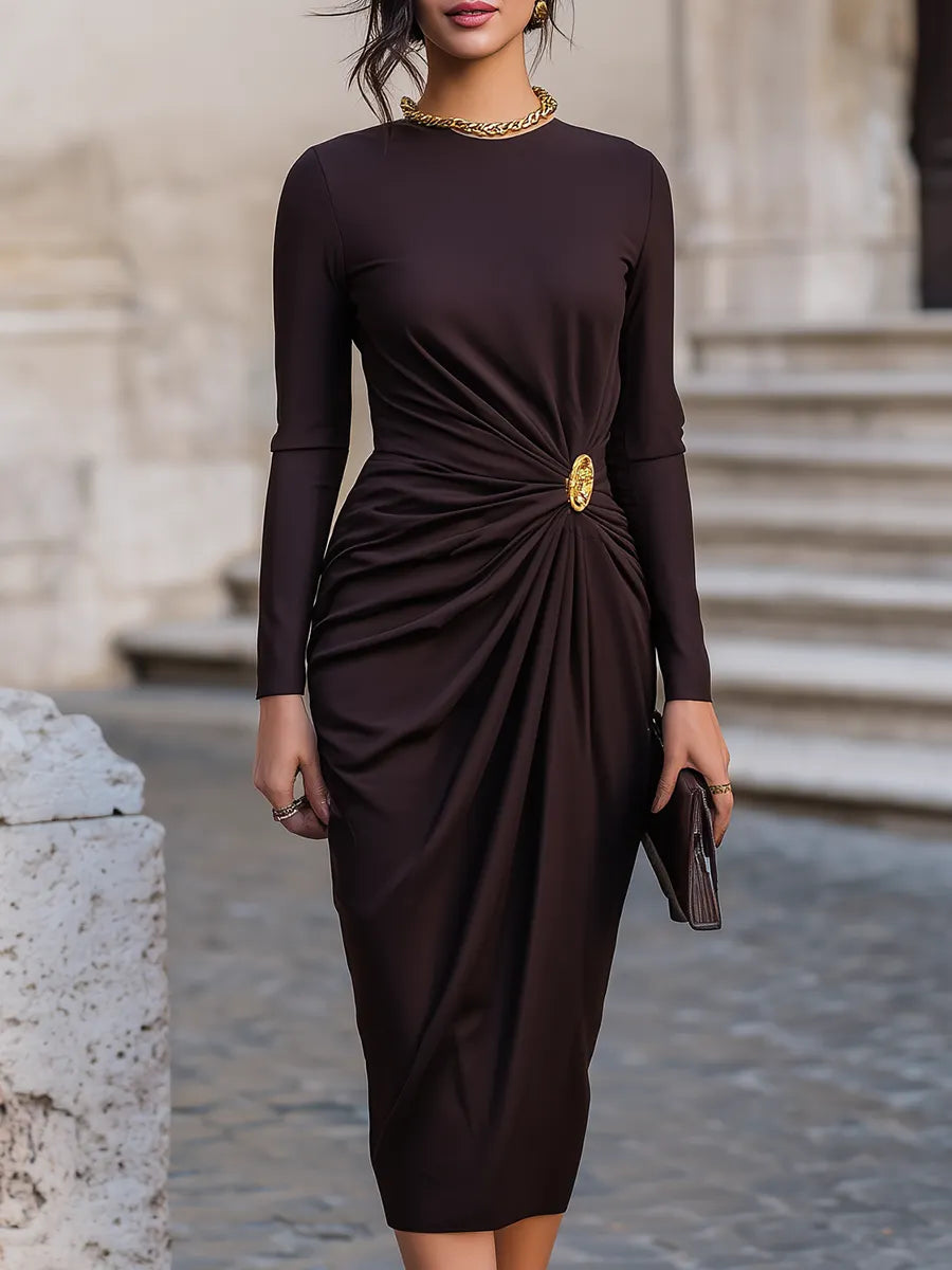 Crew-Neck Ruched Midi Dress With Statement Brooch