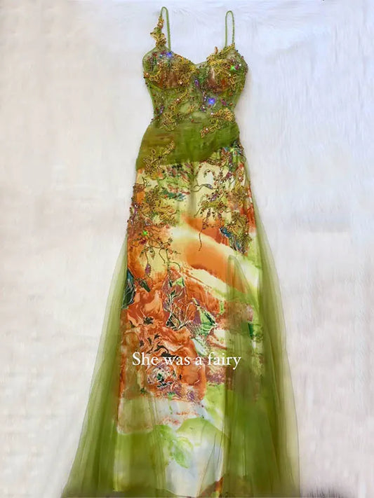 Sequinned Flower Embroidered mesh splicing Sleeveless Spaghtti-Neck Evening Maxi Dresses