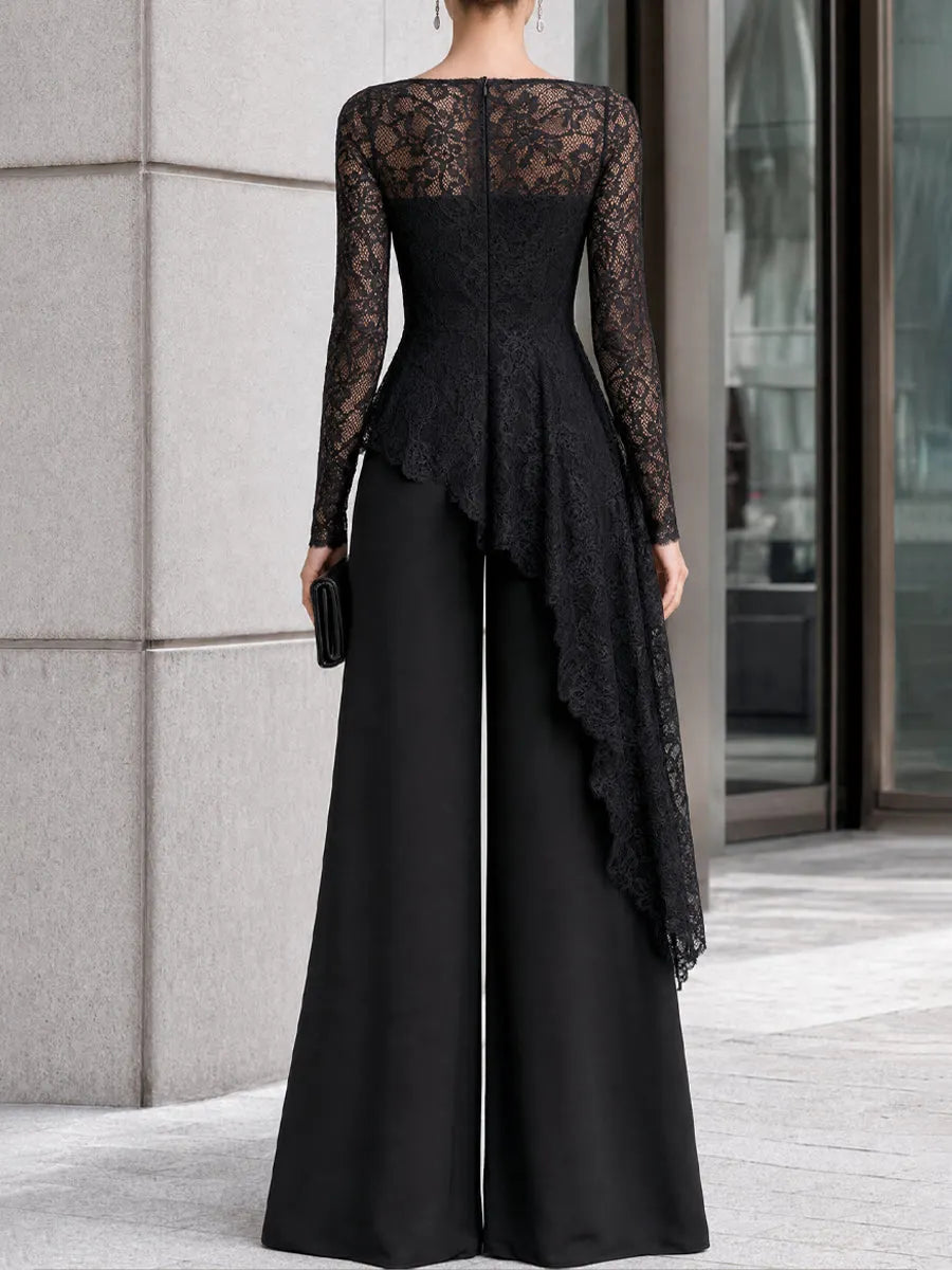 Lace Overlay Asymmetric Wide-Leg Jumpsuit