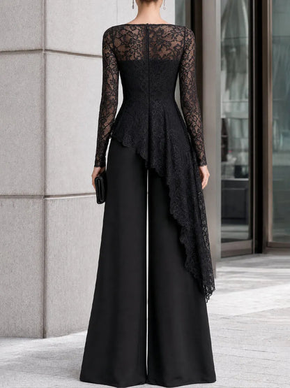 Lace Overlay Asymmetric Wide-Leg Jumpsuit