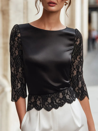Lace-Sleeve Contrast Paneled Structured Top