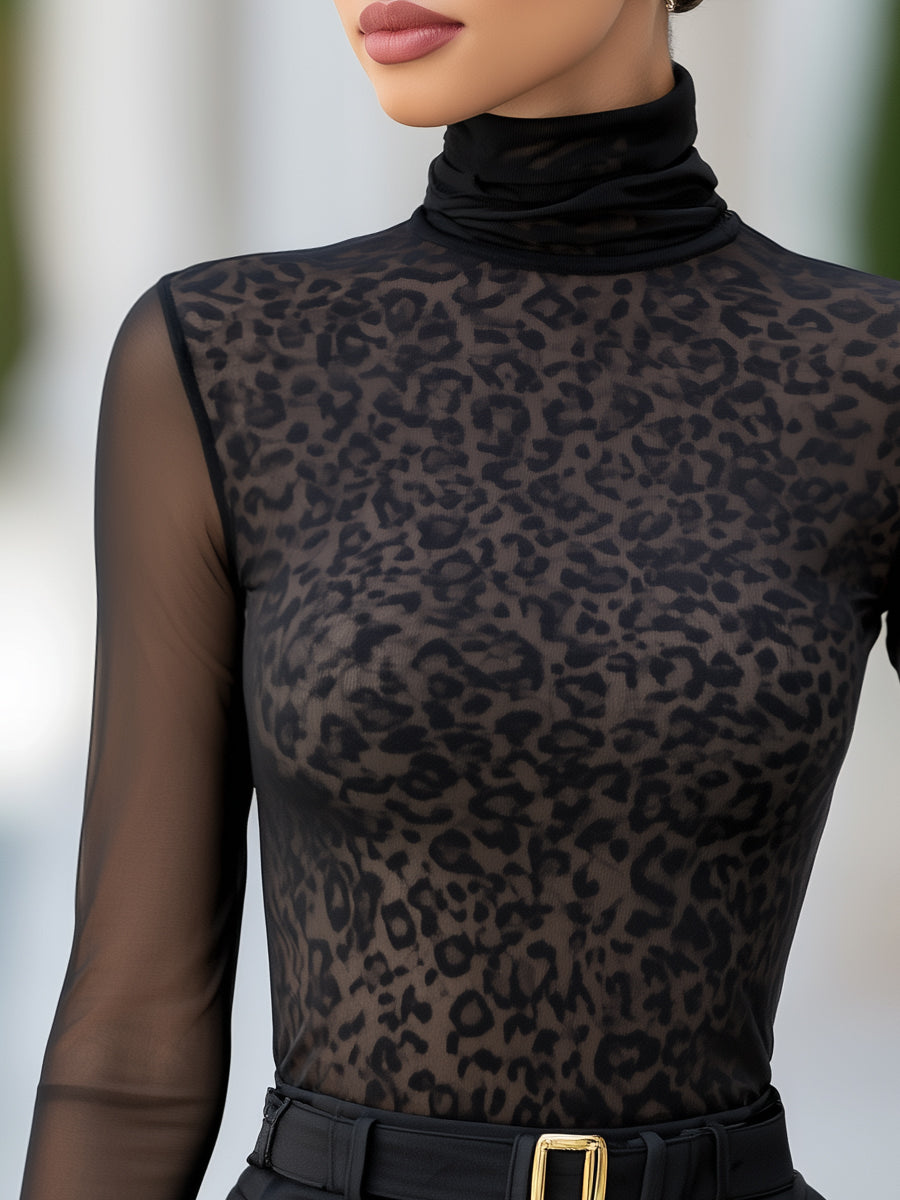 Sheer Mesh Leopard Print High-Neck Blouse