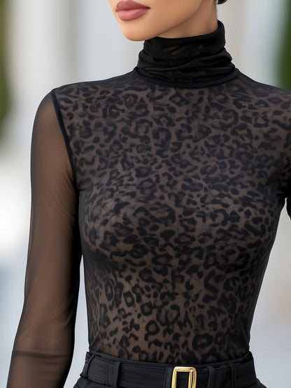 Sheer Mesh Leopard Print High-Neck Blouse