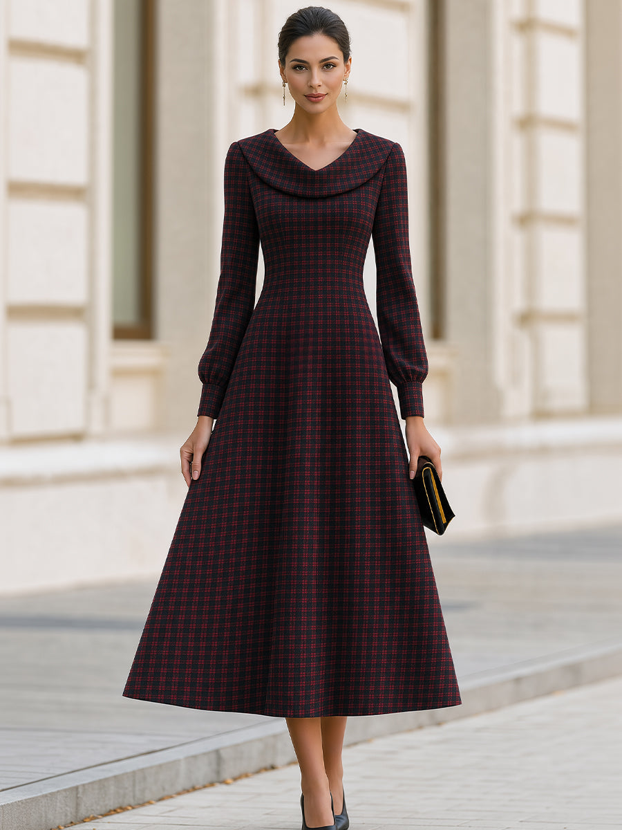 Plaid Cowl Collar Fit‐and‐Flare Midi Dress