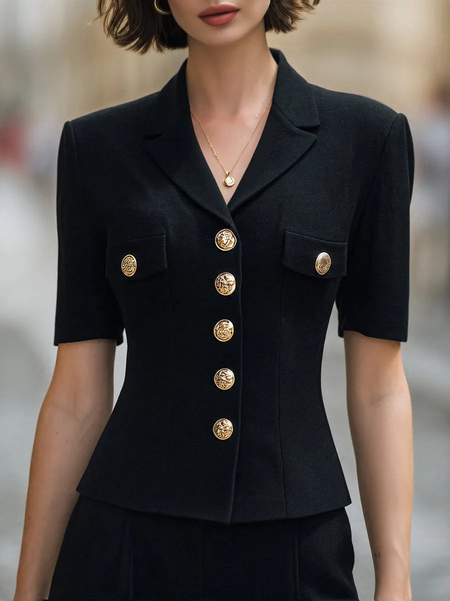 Tailored Gold-Button Blazer-Style Short Sleeve Top