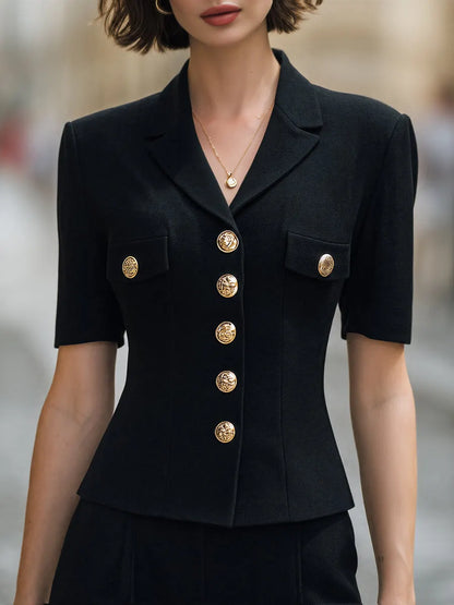 Tailored Gold-Button Blazer-Style Short Sleeve Top