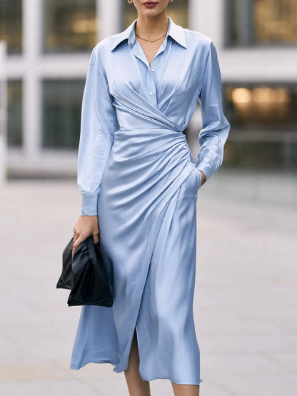 Satin Wrap Midi Dress with Collar and Long Sleeves