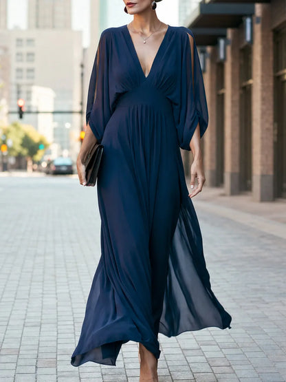 Deep V-Neck Split Sleeve Flowy Maxi Dress