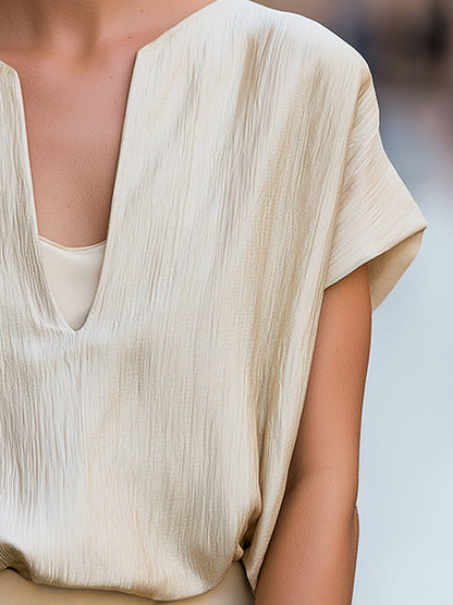 Minimalist Textured V-Neck Blouse With Relaxed Short Sleeves