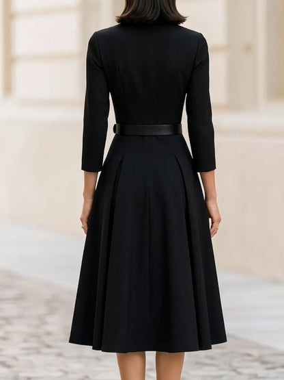 Collar Zip Front 3/4 Sleeve Belted Pleated Midi Dress
