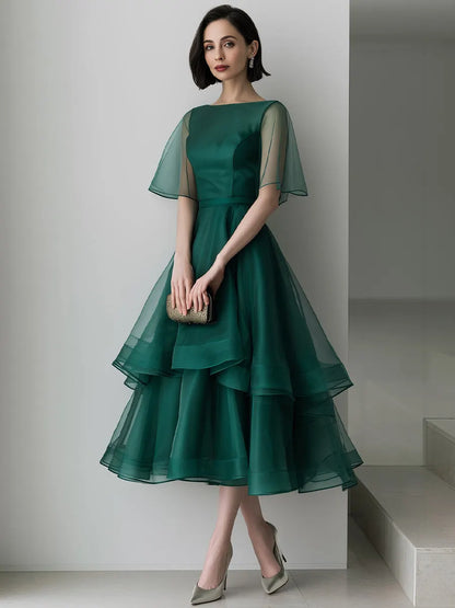 Sheer Cape Sleeve Layered Organza High-Low Midi Dress