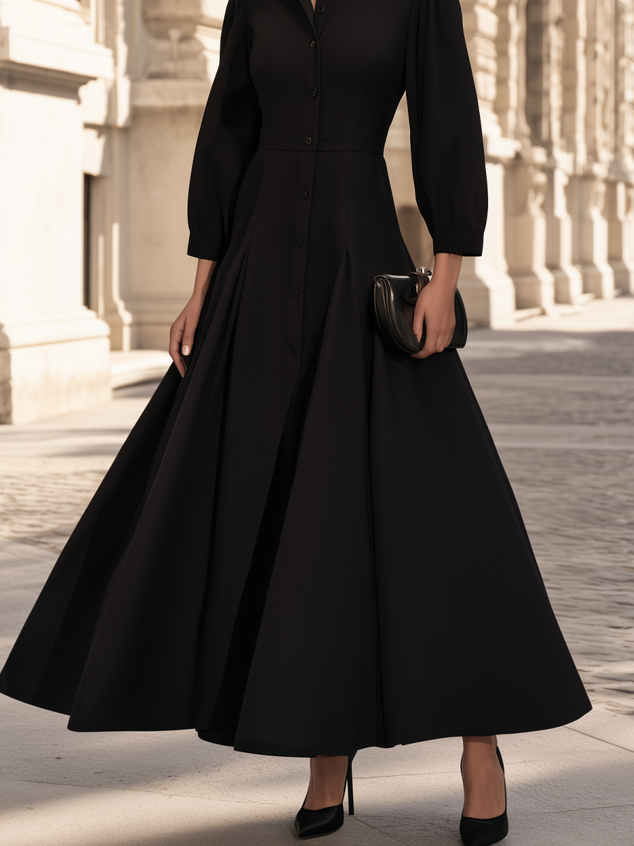 Elegant Black Shirt Collar Puff Sleeve A-Line Maxi Dress
