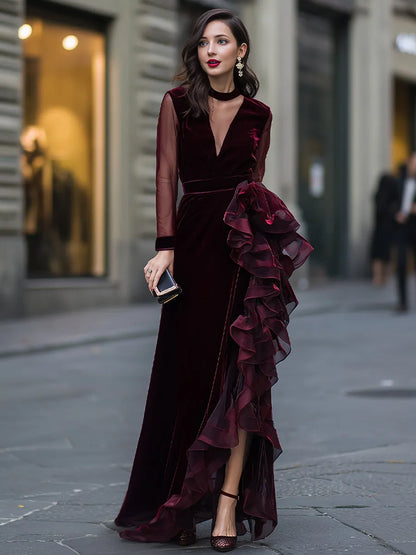 Sheer Sleeve Velvet Cascading Ruffle Evening Gown