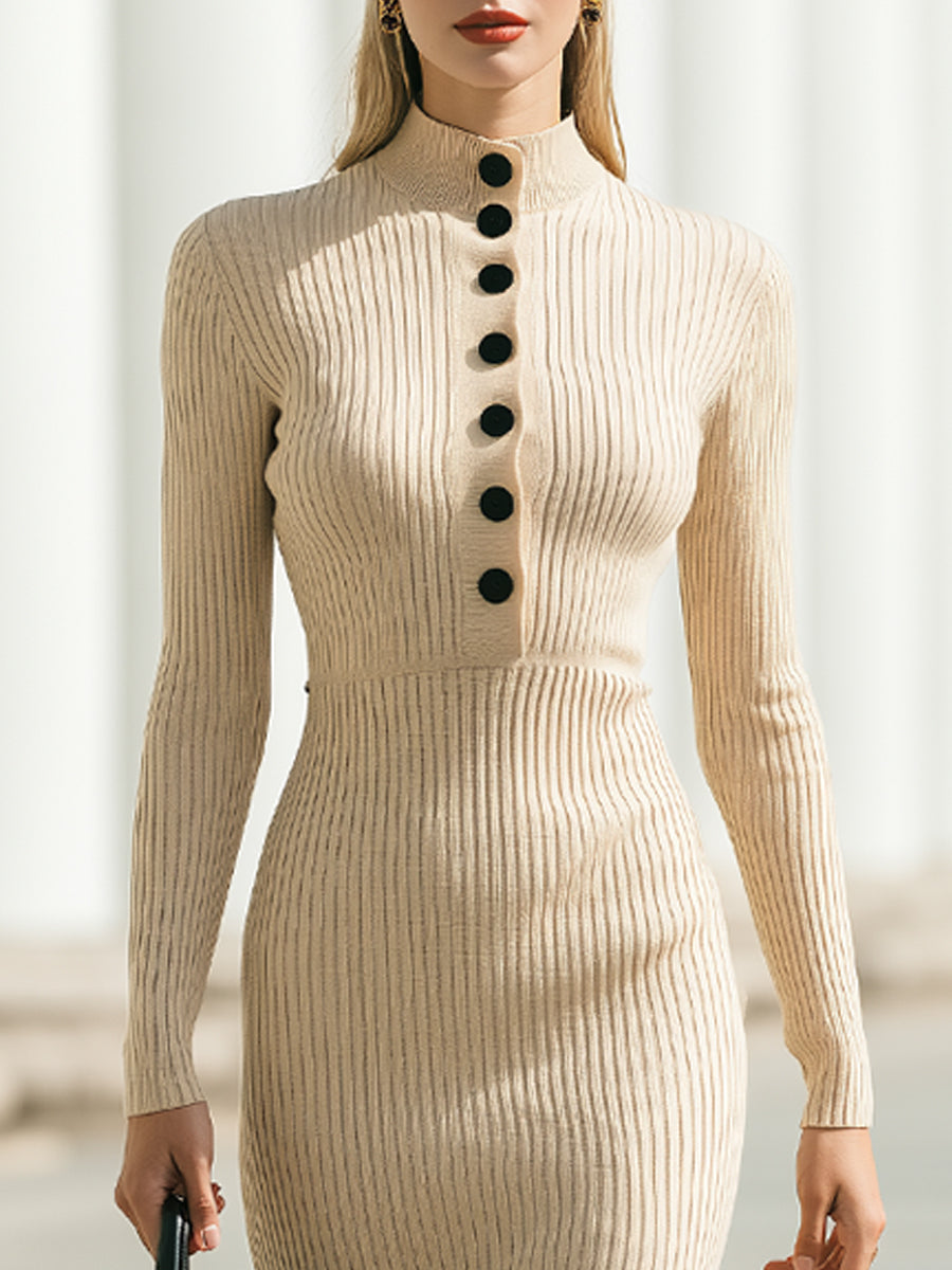 Button-Front Ribbed Knit Mermaid Midi Dress