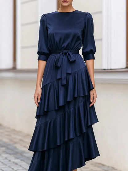 Round Neck  Self Tie Waist Asymmetrical Tiered Ruffle Midi Dress