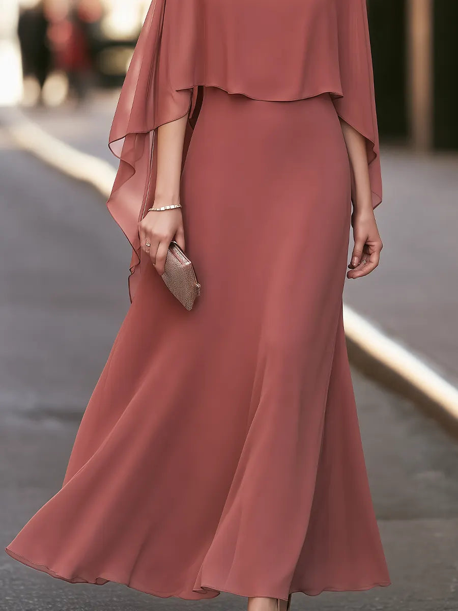 Elegant Cape Sleeve Chiffon Maxi Evening Dress