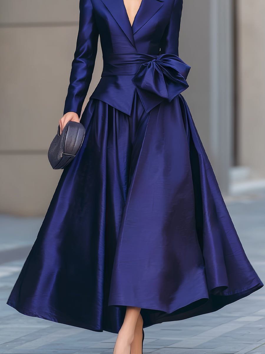 Satin Bow Tie Blazer & Maxi Skirt Two-Piece Set