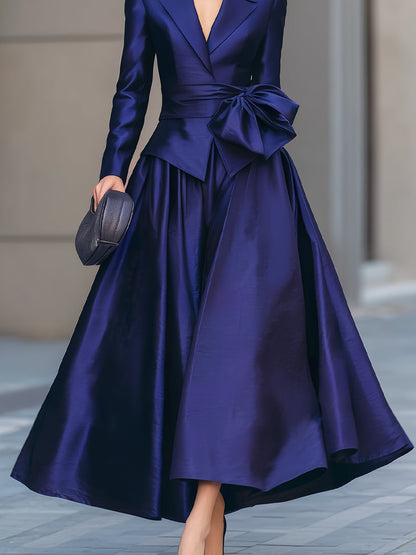Satin Bow Tie Blazer & Maxi Skirt Two-Piece Set