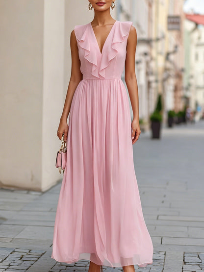 Romantic Ruffle V-Neck Flowing Chiffon Maxi Dress