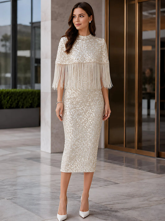 Robe midi cape à franges et sequins