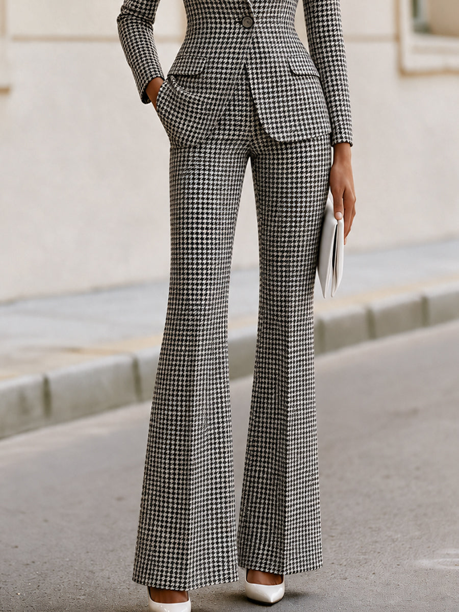 Houndstooth Single‐Button Blazer & Flared Trousers Two‐Piece Suit