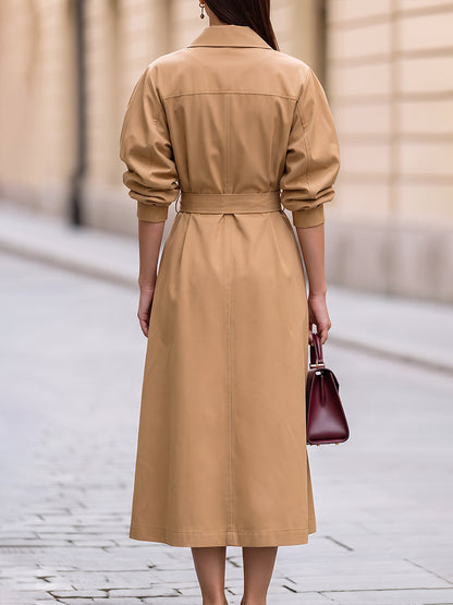 Double Breasted Belted Trench Style Midi Dress