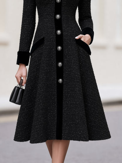 Sparkle Tweed Velvet Collar Cuff Fit & Flare Midi Coat Dress