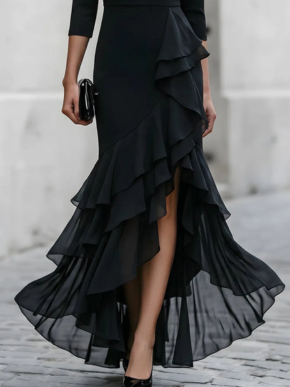 Three-Quarter Sleeve Asymmetric Ruffle Maxi Dress