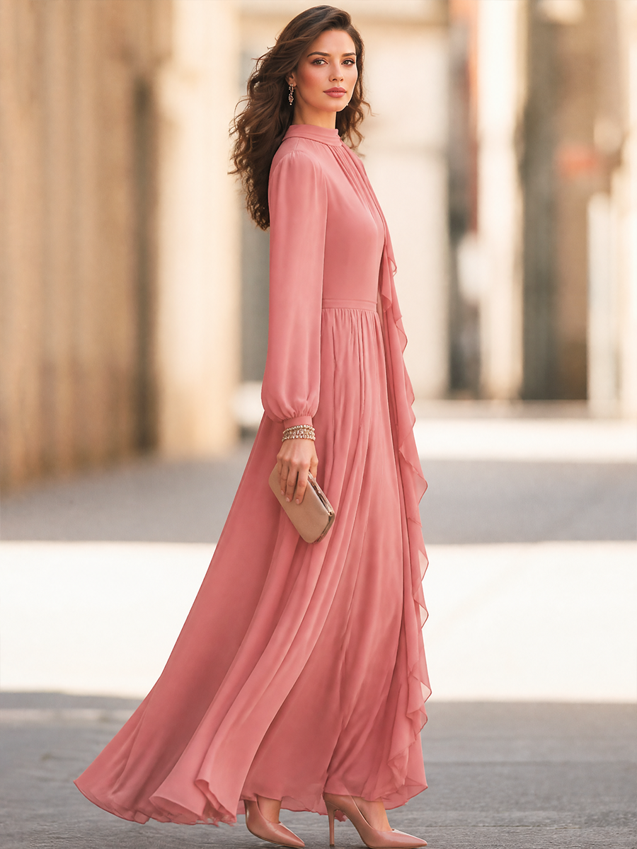 Women's Elegant Ruffle Tie Neck Long Sleeve Pleated Maxi Dress