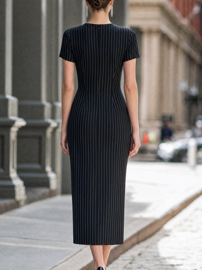 Pinstripe Button-Front Tailored Midi Dress