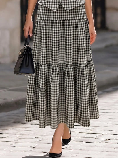 Black-and-White Gingham Sleeveless Peplum Waistcoat & Midi Skirt Two-Piece Suit