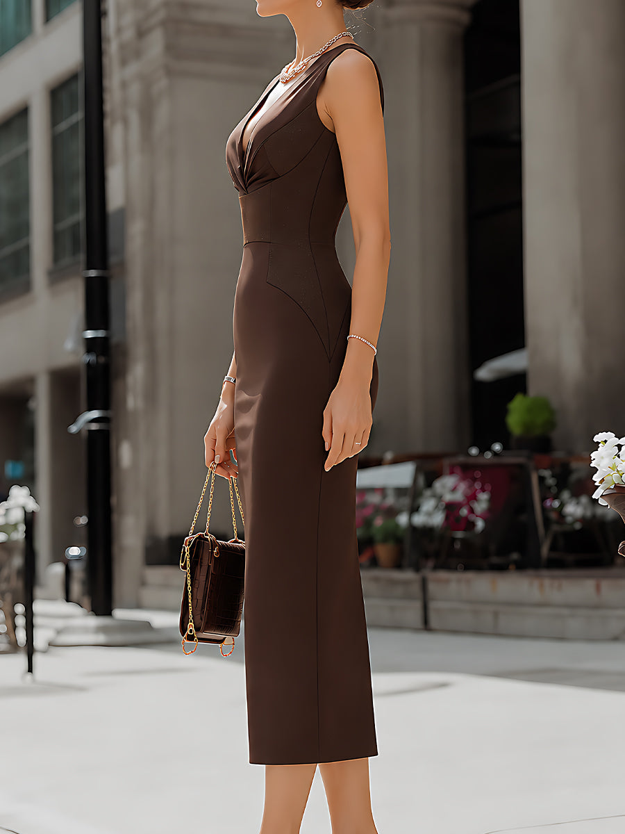 Sophisticated V-Pleated Neck Sleeveless Pencil Dress