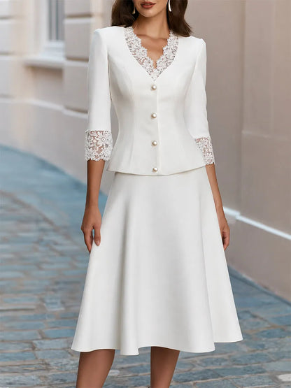 Lace Trim V-Neck Pearl Button  Blazer & Flared Midi Skirt Two-Piece Suit