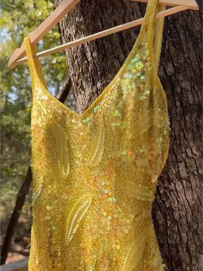 shiny Sequinned Flower Sleeveless Spaghetti-Neck Mesh Maxi Dresses Fairytale Dress