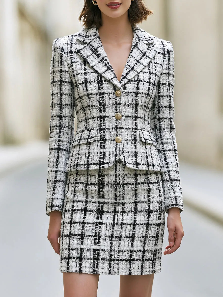 Black White Plaid Textured Tweed Blazer And Mini Skirt Two Piece Set